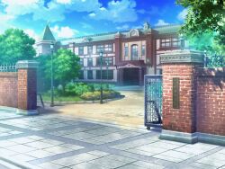 artist_request blue_sky bush cloud day game_cg lamppost magia_record:_mahou_shoujo_madoka_magica_gaiden mahou_shoujo_madoka_magica no_humans official_art outdoors path road scenery school sidewalk sky tree