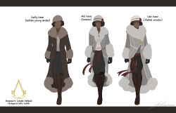 1girl artist_name black_gloves black_hair boots brown_coat coat dark-skinned_female dark_skin denim english_text faceless flower fur_collar gloves hair_flower hair_ornament hat jeans letterboxed multiple_views original pants reference_sheet signature simple_background trench_coat waistband white_background zandra
