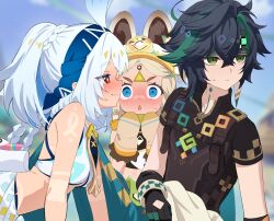 1boy 1girl 2girls animal_ears aqua_pants bare_arms bare_shoulders bitseon black_gloves black_hair black_shirt blonde_hair blue_eyes blue_hair blue_hairband blue_sky blurry blurry_background blush body_markings bracelet braid breasts bright_pupils chestnut_mouth chinchilla_ears closed_mouth constricted_pupils crop_top crossed_bangs diamond-shaped_pupils diamond_(shape) flipped_hair from_side genshin_impact gloves green_eyes hair_between_eyes hairband half-closed_eyes hands_up hat jewelry jitome kachina_(genshin_impact) kinich_(genshin_impact) knee_up leaning_forward long_hair looking_ahead looking_at_another medium_breasts mittens mualani_(genshin_impact) multiple_braids multiple_girls nose_blush open_mouth outdoors pants parted_bangs ponytail red_eyes shirt short_hair short_sleeves sky smirk sweatdrop symbol-shaped_pupils upper_body v-shaped_eyebrows white_hair white_pupils