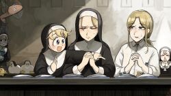 5girls :d baby_animal bible_(object) bird blonde_hair blue_eyes brown_hair chicken clumsy_nun_(diva) commentary diva_(hyxpk) duck duckling english_commentary froggy_nun_(diva) glasses glasses_nun_(diva) highres la_chancla little_nuns_(diva) long_hair mole mole_on_cheek motion_blur multiple_girls no_hair_ornament note nun open_mouth praying round_eyewear shirt slippers smile strict_nun&#039;s_mother_(diva) strict_nun_(diva) traditional_nun triangle_mouth white_shirt
