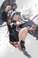 1girl :d animal_ears arknights arm_up bare_shoulders black_hair breasts china_dress chinese_clothes cleavage cleavage_cutout clenched_hand clothing_cutout commentary_request dress eyewear_on_head fang feater_(arknights) fighting_stance grey_background hair_over_one_eye highres holster jacket knife_sheath knife_sheath lack long_sleeves mechanical_arms medium_breasts multicolored_hair off_shoulder open_clothes open_jacket open_mouth panda_ears partial_commentary sheath shoes short_dress silver_hair single_mechanical_arm smile sneakers streaked_hair sunglasses thigh_holster thigh_strap thighs twintails yellow_eyes