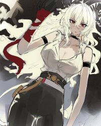 1girl absurdres alternate_form arm_strap bare_shoulders black_choker black_horns black_pants breasts button_gap choker collarbone commentary_request curled_horns hand_up high-waist_pants highres horns inishie_no_tanaka large_breasts long_arms long_hair pants revision shirt shirt_tucked_in solo tight_clothes tight_pants white_shirt wuthering_waves zani_(wuthering_waves)