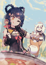 &gt;_o 2girls ;d bare_shoulders black_dress blue_hair blue_sky bound bound_arms bound_torso braid braided_hair_rings carrying chinese_clothes cooking day dress fingerless_gloves fisheye flying_sweatdrops food food_on_face furrowed_brow genshin_impact gloves hair_ornament hair_rings halo hand_on_own_cheek hand_on_own_face height_difference looking_at_another medium_hair multiple_girls one_eye_closed open_mouth outdoors paimon_(genshin_impact) parororo pot robe scarf shaded_face sky sleeveless sleeveless_dress smile steam tearing_up tongue tongue_out watermark web_address white_hair xiangling_(genshin_impact)