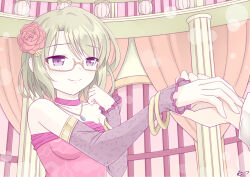 1boy 1girl bare_shoulders clair_filandre dress elbow_gloves flower glasses gloves green_hair hair_flower hair_ornament hand_on_another&#039;s_hand highres iris_mysteria! k_(nura-rikuo) looking_at_another purple_eyes purple_gloves red_dress