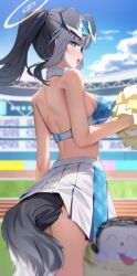 1girl animal_ears back black_hair blue_archive blue_eyes blue_sports_bra commentary_request day doodle_sensei_(blue_archive) from_side hibiki_(blue_archive) highres holding holding_pom_poms korean_commentary looking_at_viewer looking_to_the_side millennium_cheerleader_outfit_(blue_archive) open_mouth outdoors pleated_skirt pom_pom_(cheerleading) pom_poms ponytail sensei_(blue_archive) shuvi_(shuvi1125) skirt solo_focus sports_bra tail underwear white_skirt