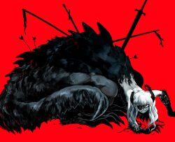 1boy absurdres animal_feet animal_hands arrow_(projectile) broken_horn claws commentary demi_(dizzyspells) dizzyspells dragon_boy dragon_horns english_commentary evil_grin evil_smile eyepatch full_body grin highres horns long_hair looking_at_viewer male_focus monster_boy original red_background red_eyes sharp_teeth simple_background smile solo stab sword teeth trap weapon