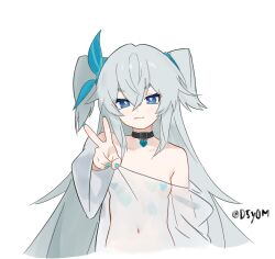 1girl :3 arm_behind_back bare_shoulders black_choker blue_eyes blue_nails blue_ribbon blush breasts choker d5y0m florence_(girls&#039;_frontline_2) girls&#039;_frontline girls&#039;_frontline_2:_exilium hair_between_eyes hair_ribbon hand_up heart heart-shaped_pupils heart_print highres long_hair looking_at_viewer nail_polish navel off-shoulder_shirt off_shoulder pa-15_(girls&#039;_frontline) pa-15_(marvelous_yam_pastry)_(girls&#039;_frontline) ribbon see-through_clothes see-through_shirt shirt small_breasts solo symbol-shaped_pupils upper_body very_long_hair white_hair white_shirt