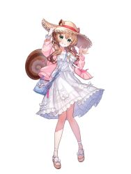 1girl animal_ears ankle_strap artist_request ayunda_risu ayunda_risu_(holonatsu_paradise) bag bead_bracelet beads bracelet brown_hair dress ears_through_headwear frilled_dress frills green_eyes handbag hands_on_headwear hat highres hololive hololive_indonesia holonatsu_paradise jacket jewelry long_hair looking_at_viewer official_alternate_costume official_art open_clothes open_jacket pink_jacket purple_bag ribbon sandals second-party_source simple_background solo squirrel_ears squirrel_tail straw_hat tail toes white_background white_dress wrist_flower wrist_ribbon