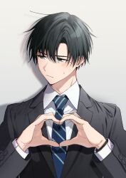 1boy averting_eyes azuma_miyuki black_hair blue_eyes blue_necktie blush business_suit closed_mouth collared_shirt commentary_request dot_nose formal_clothes heart heart_hands highres jacket kyapefuro lapels majime_na_kouhai_kara_kairaku_zeme_sareru_nante_kiitenai! male_focus necktie original shadow shirt short_hair solo striped_necktie suit suit_jacket white_shirt