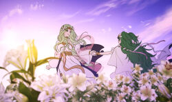 2girls braid breasts cloud dress fire_emblem fire_emblem:_three_houses fire_emblem_heroes floating_hair flower green_hair hair_flower hair_ornament hair_ribbon headpiece highres holding_hands jewelry long_hair long_sleeves mother_and_daughter multiple_girls nintendo official_alternate_costume open_mouth pointy_ears purple_sky rhea_(aura_of_love)_(fire_emblem) rhea_(fire_emblem) ribbon ribbon_braid short_sleeves sky smile sothis_(aura_of_love)_(fire_emblem) sothis_(fire_emblem) tiara twin_braids two_side_up very_long_hair vo1ez white_dress