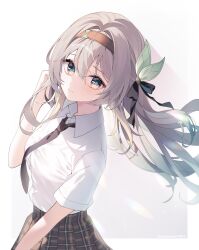 1girl black_necktie black_ribbon blush brown_hairband brown_skirt closed_mouth collared_shirt firefly_(honkai:_star_rail) gradient_eyes gradient_hair green_pupils grey_hair hair_between_eyes hair_intakes hair_ornament hair_ribbon hairband hand_in_own_hair highres honkai:_star_rail honkai_(series) long_hair multicolored_eyes multicolored_hair necktie pleated_skirt pomepome1207 ribbon shirt shirt_tucked_in simple_background skirt solo two-tone_eyes white_background white_shirt