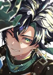 Rule 34 | 1boy, black hair, black shirt, colored inner hair, earrings, genshin impact, gloves, green eyes, green hair, hair between eyes, highres, jewelry, kinich (genshin impact), looking at viewer, male focus, multicolored hair, nekokoko, no headband, one eye closed, shirt, short hair, simple background, smile, solo, white background