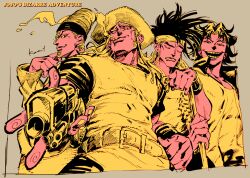 Rule 34 | 4boys, bad id, bad tumblr id, belt, bracelet, cigarette, closed eyes, commentary, earrings, english commentary, from below, hat, hol horse, jacket, jewelry, jojo no kimyou na bouken, kotteri, multiple boys, n&#039;doul, one eye closed, shirt, short hair, simple background, smile, stardust crusaders, steely dan, terence t. d&#039;arby, upper body