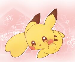 blush brown_eyes full_body gen_1_pokemon looking_at_viewer nintendo no_humans open_mouth pikachu pokemon pokemon_(creature) seseragisaao smile solo star_(symbol) tail