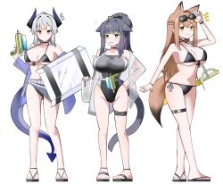 3girls :p absurdres animal_ears arknights arm_up bag bare_shoulders bikini black_bikini black_hair black_one-piece_swimsuit black_sandals blue_jacket blush breasts brown_eyes brown_hair cat_ears cat_girl cat_tail closed_mouth commentary ears_down eyewear_on_head flying_sweatdrops fox_ears fox_girl fox_tail franka_(arknights) front-tie_top green_eyes grey_hair groin hair_between_eyes highres horns jacket jessica_(arknights) large_breasts liskarm_(arknights) long_hair multicolored_hair multiple_girls navel notice_lines off_shoulder one-piece_swimsuit open_clothes open_jacket pink_hair ponytail sandals shoulder_bag simple_background smile spam_(spamham4506) standing streaked_hair sunglasses swimsuit swimsuit_under_clothes tail tongue tongue_out very_long_hair white_background