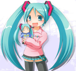1girl aqua_eyes aqua_hair blush cameo character_doll doll earth_ekami female_focus google happy hatsune_miku headset long_hair open_mouth skirt solo thighhighs twintails very_long_hair vocaloid zettai_ryouiki