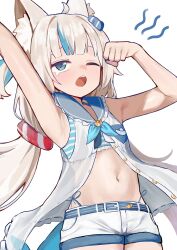 1girl absurdres ahoge animal_ear_fluff animal_ears arm_up armpits bikini bikini_under_clothes blonde_hair blue_bikini blue_eyes blue_hair breasts cat_ears dress fins fish_girl fish_tail highres indie_virtual_youtuber long_hair looking_at_viewer low_twintails multicolored_hair one_eye_closed remise sameko_saba short_shorts shorts sleeveless sleeveless_dress small_breasts solo streaked_hair swimsuit tail teeth twintails upper_teeth_only very_long_hair virtual_youtuber white_dress white_shorts