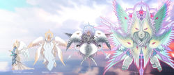 abstract absurdres androgynous angel angel_wings animal_head biblically_accurate_angel blonde_hair blue_eyes circle closed_eyes commentary deviantartzombiesmile extra_eyes feathered_wings flying gender_request glowing halo highres horizon long_hair looking_at_viewer markings multiple_wings mythology open_hand original purple_eyes purple_hair robe seraph standing train_(clothing) unmoving_pattern vambraces very_long_hair white_eyes white_robe wings