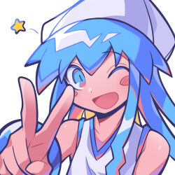 1girl ;d bare_shoulders blue_eyes blue_hair blush_stickers boots commentary dress hair_between_eyes hat highres ikamusume long_hair long_sidelocks looking_at_viewer one_eye_closed open_mouth shinryaku!_ikamusume sidelocks signal_(eriasignal) simple_background sleeveless sleeveless_dress smile solo tentacle_hair thick_outlines upper_body v white_background white_dress white_hat wristband