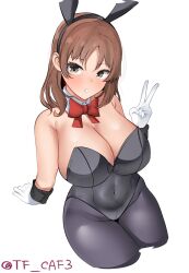 1girl alternate_costume animal_ears bare_shoulders black_leotard blush bow bowtie breasts brown_eyes brown_hair brown_pantyhose chiyoda_(kancolle) cleavage covered_navel detached_collar fake_animal_ears gloves highleg highleg_leotard highres kantai_collection large_breasts leotard looking_at_viewer looking_back pantyhose playboy_bunny rabbit_ears rabbit_tail short_hair sitting smile solo strapless strapless_leotard tail tf_cafe traditional_bowtie v white_gloves wrist_cuffs