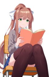 1girl absurdres blazer blue_skirt book bow brown_hair brown_jacket brown_thighhighs c-r-carlos chair closed_mouth collared_shirt commentary convenient_leg doki_doki_literature_club doki_doki_literature_club_school_uniform feet_out_of_frame green_eyes hair_between_eyes hair_bow hair_intakes high_ponytail highres holding holding_book jacket knees knees_together_feet_apart lapels layered_sleeves long_hair long_sidelocks long_sleeves miniskirt monika_(doki_doki_literature_club) neck_ribbon on_chair open_book orange_vest pleated_skirt ponytail reading red_ribbon ribbon school_chair school_uniform shirt sidelocks simple_background sitting skirt smile solo symbol-only_commentary thighhighs very_long_hair vest white_background white_bow white_shirt