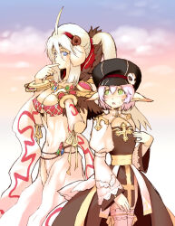 2girls ahoge arch_bishop_(ragnarok_online) blue_eyes blush breast_envy breasts brown_dress cleavage_cutout clothing_cutout commentary_request covered_navel cowboy_shot cross detached_sleeves dress finger_in_own_mouth flat_chest frilled_thighhighs frills fur_collar green_eyes hairband high_ponytail juliet_sleeves large_breasts long_hair long_sleeves looking_at_another multiple_girls open_mouth pink_hair pointy_ears ponytail puffy_sleeves ragnarok_online red_hairband sash short_hair sleeveless sleeveless_dress sorcerer_(ragnarok_online) thighhighs two-tone_dress white_dress white_hair white_sleeves white_thighhighs yellow_sash yukimushi
