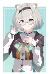 1girl absurdres animal_ears brown_hairband brown_jacket cat_ears collared_dress cropped_jacket dress eyewear_on_head firefly_(honkai:_star_rail) glasses gradient_eyes gradient_hair green_pupils grey_hair hair_between_eyes hair_intakes hairband hand_on_own_chest highres honkai:_star_rail honkai_(series) jacket long_sleeves multicolored_eyes multicolored_hair neckerchief orange_neckerchief pink_lips polka_dot polka_dot_background pyarthra smile solo tinted_eyewear two-tone_eyes white_dress white_sleeves