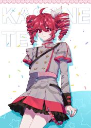 1girl absurdres ahoge arms_at_sides belt black_belt black_sleeve_cuffs blue_background blush bow buttons character_name commentary_request confetti cowboy_shot double-breasted drill_hair fingerless_gloves flat_chest gloves grey_jacket grey_skirt hair_between_eyes hair_bow hair_ribbon highres igangdoyou jacket kasane_teto kasane_teto_(sv) korean_commentary layered_skirt layered_sleeves long_sleeves looking_at_viewer midriff_peek musical_staff musical_staff_print red_hair red_nails red_skirt red_trim ribbon shoulder_belt skirt skirt_set smile solo striped_clothes striped_jacket striped_skirt synthesizer_v twin_drills utau white_background white_bow white_ribbon