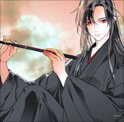 Rule 34 | 1boy, bishounen, black hair, black hanfu, blurry, blurry background, chinese clothes, closed mouth, dizi, flute, hair down, half updo, hanfu, holding, holding flute, holding instrument, instrument, knee up, long hair, long sleeves, looking at viewer, male focus, modao zushi, official alternate hairstyle, outside border, red eyes, robe, sitting, solo, transverse flute, twitter username, wei wuxian, wei wuxian (yiling laozu), wide sleeves, ykmr (haga)