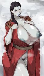 Rule 34 | 1girl, black hair, black myth: wukong, blush, breasts, cleavage, colored skin, earrings, facial mark, female pubic hair, forehead mark, highres, huge breasts, japanese clothes, jewelry, kang-jin star (black myth: wukong), kimono, large areolae, lipstick, long hair, looking at viewer, lulu95402099, makeup, mature female, nipples, pale skin, pubic hair, purple lips, solo, thighs