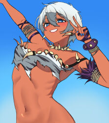1girl absurdres animal_print armlet blue_background blue_eyes blue_nails bracelet commentary dark-skinned_female dark_skin earrings elena_(street_fighter) highres jewelry jinkai12345 neck_ring short_hair solo street_fighter v white_hair zebra_print