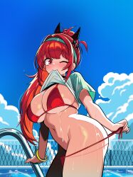1girl ;) ass bikini bikini_pull blue_sky blush bracelet breasts clothes_in_mouth clothes_lift clothes_pull cloud commentary cowboy_shot curvy fake_horns fence goddess_of_victory:_nikke hair_ornament hand_on_railing high_ponytail highres horns jewelry large_breasts lifting_own_clothes looking_at_viewer mouth_hold multicolored_shirt navel official_alternate_costume okra_h one_eye_closed outdoors ponytail pool pulling_own_clothes railing rapi_(nikke) rapi_(red_hood)_(nikke) rapi_(red_hood)_(red_flavor)_(nikke) red_bikini red_eyes red_hair shiny_skin shirt shirt_in_mouth shirt_lift side-tie_bikini_bottom sky smile solo star_(symbol) star_hair_ornament swimsuit symbol-only_commentary t-shirt thong_bikini white_shirt wide_hips
