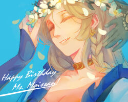 3girls blonde_hair blue_background blue_sleeves breasts character_name choker cleavage closed_eyes druvis_iii falling_petals flower flower_wreath gloves green_gloves grin hand_on_another&#039;s_head happy_birthday head_wreath long_sleeves ms._moissan multiple_girls petals portrait reverse:1999 smile solo_focus sotheby uncanonvalley white_flower yellow_choker