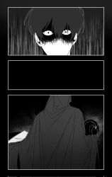 3boys benkdjjituibot black_background black_cloak black_hair carrying cloak constricted_pupils double-parted_bangs dual_persona greyscale hair_between_eyes highres hood hood_up inset_border kim_dokja male_focus monochrome multiple_boys omniscient_reader&#039;s_viewpoint partially_shaded_face princess_carry secretive_plotter short_hair walking