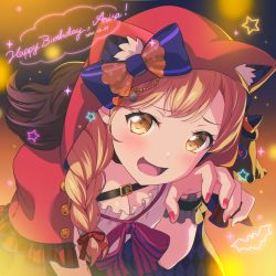 1girl :d absurdres animal_hood bang_dream! bat_background belt blonde_hair bloom blush bow braid breasts capelet character_name claw_pose cleavage cosplay dated english_text hair_over_shoulder hair_ribbon halloween halloween_costume happy_birthday highres hood hood_up hooded_capelet ichigaya_arisa leaning_forward long_hair looking_at_viewer medium_breasts nail_polish nobusawa_osamu official_alternate_costume open_mouth orange_eyes red_capelet red_hood red_nails ribbon single_braid smile solo star_(symbol) upper_body wrist_cuffs
