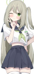 1girl ;) absurdres abydos_high_school_logo blue_archive blue_sailor_collar blue_skirt blush closed_mouth commentary_request green_eyes green_hair green_halo green_sailor_collar hair_between_eyes halo hanasaki_rin highres long_hair nonomi_(blue_archive) one_eye_closed one_side_up pleated_skirt sailor_collar shirt simple_background skindentation skirt smile solo thighhighs very_long_hair white_background white_shirt white_thighhighs