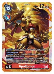 1boy apollomon armor blonde_hair blue_eyes card_(medium) character_name claws commentary company_name copyright_name digimon digimon_(creature) digimon_card_game english_commentary english_text fire furry furry_male highres lion_boy long_hair male_focus official_art second-party_source solo standing very_long_hair
