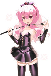1girl :o akazawa_red bare_shoulders black_choker black_skirt black_thighhighs blush bow breasts choker collarbone commentary_request corset cowboy_shot detached_sleeves dominatrix dress hair_between_eyes hair_bow hands_up high_ponytail holding holding_riding_crop long_hair looking_at_viewer louise_francoise_le_blanc_de_la_valliere open_mouth pink_eyes pink_hair ponytail riding_crop simple_background skirt small_breasts solo strapless strapless_dress thighhighs whip white_background zero_no_tsukaima zettai_ryouiki