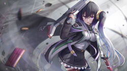 1girl black_gloves black_hair black_jacket black_skirt black_thighhighs blurry blurry_background breasts buckle cowboy_shot debris depth_of_field dual_wielding fingerless_gloves frilled_skirt frills gloves gradient_hair gun hair_between_eyes hair_ornament hand_up headset holding holding_gun holding_weapon jacket long_hair long_sleeves looking_at_viewer medium_breasts miniskirt multicolored_hair necktie open_clothes open_jacket open_mouth original pleated_skirt purple_eyes purple_hair shirt side_ponytail skirt smoke solo standing thigh_strap thighhighs tooto_(ryuto333) v-shaped_eyebrows very_long_hair weapon white_shirt