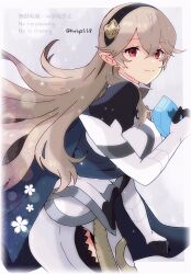 1girl black_hairband cape closed_mouth corrin_(female)_(fire_emblem) corrin_(fire_emblem) dragonstone fire_emblem fire_emblem_fates from_side grey_hair hair_between_eyes hairband highres holding_stone kiriya_(552260) long_hair looking_at_viewer nintendo pointy_ears red_eyes smile solo twitter_username very_long_hair
