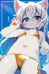 1girl absurdres animal_ears bikini blue_eyes blush closed_mouth flat_chest furry furry_female gold_bikini highres long_hair navel nefraito original side-tie_bikini_bottom solo string_bikini swimsuit tail