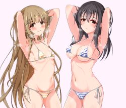 2girls armpits bikini black_hair blue_bikini blush breasts brown_eyes brown_hair cameltoe fujiwara_hajime halterneck highres idolmaster idolmaster_cinderella_girls long_hair looking_at_viewer medium_breasts micro_bikini multiple_girls presenting_armpit raindrop746079 side-tie_bikini_bottom simple_background smile striped_bikini striped_clothes swimsuit very_long_hair wet yellow_bikini yorita_yoshino