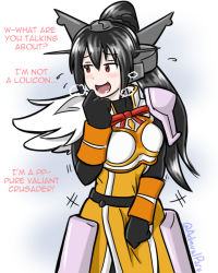 Rule 34 | 1girl, admiral paru, alternate costume, armor, armored dress, black gloves, black hair, blush, breastplate, cosplay, darkness (konosuba), darkness (konosuba) (cosplay), dress, english text, female focus, gloves, headgear, heavy breathing, kantai collection, kono subarashii sekai ni shukufuku wo!, long hair, nagato (kancolle), ponytail, solo