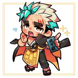 1boy aqua_hair arm_tattoo bara black_hair black_jacket black_pants blonde_hair blush_stickers brown_eyes chibi collared_shirt commentary_request eyebrow_cut facial_hair facial_mark flying_sweatdrops forehead_mark full_body gakuran geta goatee_stubble hiryuu_(hiryuuuuuuuuu) holding inset_border jacket jacket_on_shoulders kesa large_pectorals looking_at_viewer male_focus multicolored_hair muscular muscular_male open_mouth pants pectoral_cleavage pectorals sanzo_(housamo) scar scar_on_face scar_on_forehead school_uniform shirt short_hair sideburns simple_background solo sparkle streaked_hair stubble tattoo tearing_up teeth thick_eyebrows tokyo_houkago_summoners upper_teeth_only white_background white_shirt