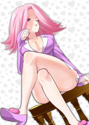 Rule 34 | 1girl, absurdres, ace attorney, april may, breasts, cleavage, collarbone, commentary request, crossed legs, eyelashes, high heels, highres, jacket, large breasts, long sleeves, medium hair, one eye closed, phoenix wright: ace attorney, pink hair, pink jacket, red eyes, shirt, sitting, skirt, solo, toku sonchou, tongue, tongue out, white skirt