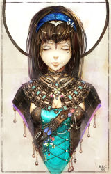 Rule 34 | 1girl, absurdres, beads, border, breasts, brown hair, chain, cleavage, closed eyes, cropped torso, cross-laced clothes, earrings, eyelashes, facing viewer, fantasy, female focus, forehead jewel, gem, green gemstone, hair strand, hairband, head chain, highres, hoop earrings, jewelry, kurasuta, long hair, medium breasts, mole, mole under eye, necklace, original, purple gemstone, red gemstone, solo