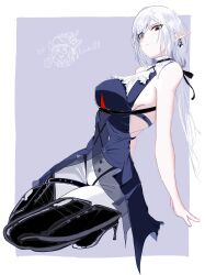 Rule 34 | !, !!, 2girls, absurdres, arknights, black boots, boots, border, earrings, gladiia (arknights), grey background, hair over one eye, highres, jewelry, mudrockuta26, multiple girls, pointy ears, red eyes, sitting, specter (arknights), thigh boots, white border