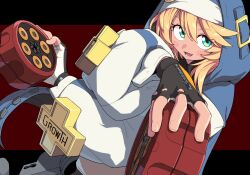 1boy blonde_hair blue_eyes blush bridget_(guilty_gear) commentary fingerless_gloves gloves green_eyes guilty_gear guilty_gear_strive hair_between_eyes highres holding hood hood_up hooded_jacket jacket long_sleeves looking_at_viewer male_focus open_mouth simple_background solo trap two-tone_background x_arms yachima_tana yo-yo zipper