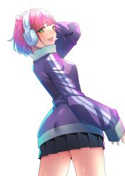 1girl black_skirt breasts commentary_request cowboy_shot folded_twintails from_behind green_eyes grin hand_on_own_head hashtag-only_commentary headphones highres jacket long_sleeves looking_at_viewer looking_back miniskirt pink_hair pleated_skirt purple_jacket sawaranaide_kotesashi-kun sayamagaoka_chiyo shinjou_takuya short_hair simple_background skirt sleeves_past_wrists small_breasts smile solo white_background