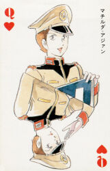 1980s_(style) 1girl card card_(medium) earth_federation gundam hat heart highres looking_at_viewer magazine_scan matilda_ajan military military_uniform mobile_suit_gundam official_art oldschool orange_hair poker promotional_art queen_(playing_card) queen_of_hearts_(playing_card) retro_artstyle salute scan traditional_media yasuhiko_yoshikazu